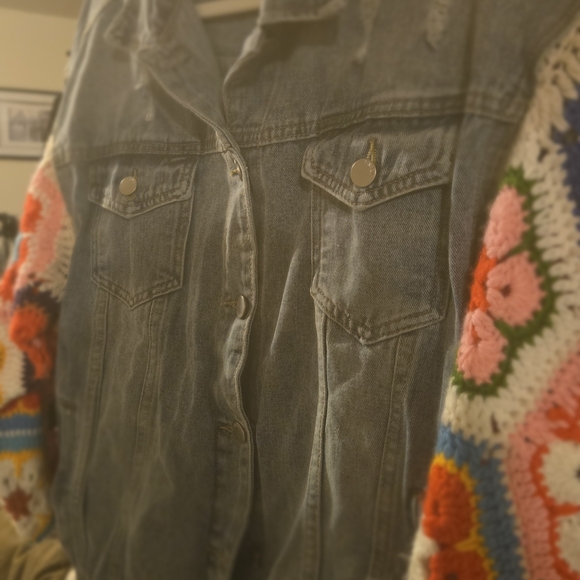 Miracle Denim Jacket with Multicolor Crochet Sleeves - Picture 7 of 7